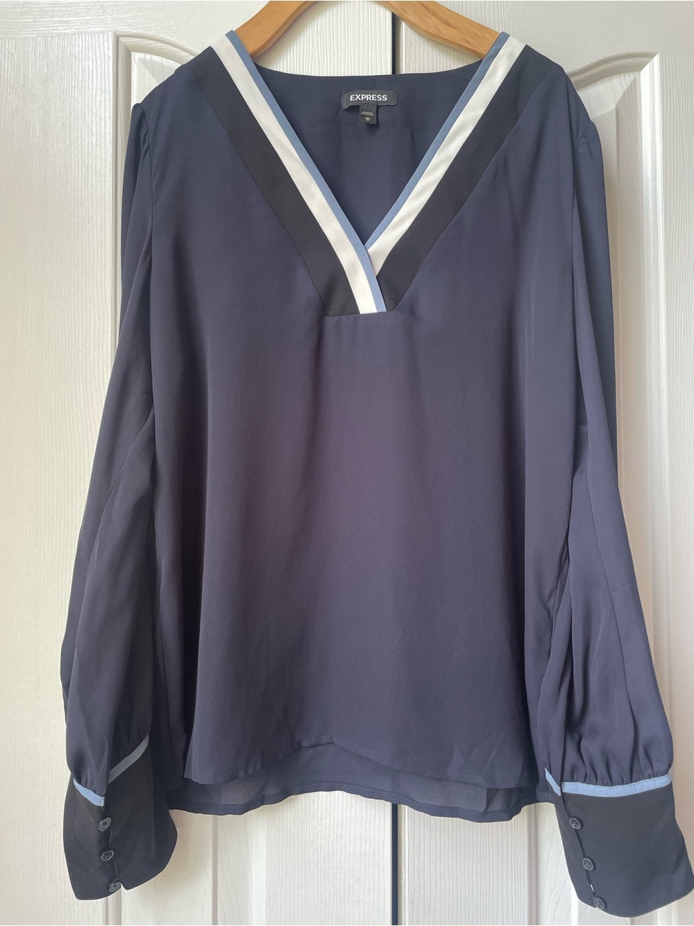 Express Navy Blouse with Black and White V-Neck Trim